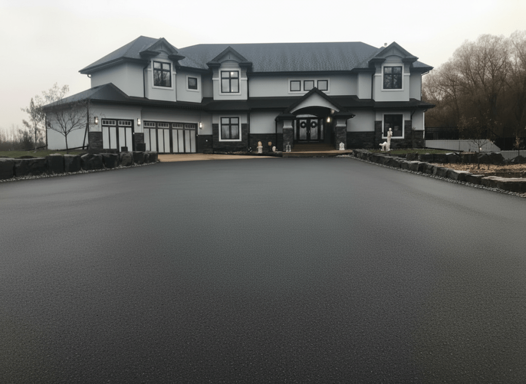 Edit the existing asphalt paving photo to make the asphalt surface look smoother and more uniform in color. Even out any patchy or inconsistent tones, reduce visible streaks and discoloration, refine the texture so it appears professionally finished and freshly laid, maintain realistic detail, and preserve a natural commercial construction setting with balanced lighting.